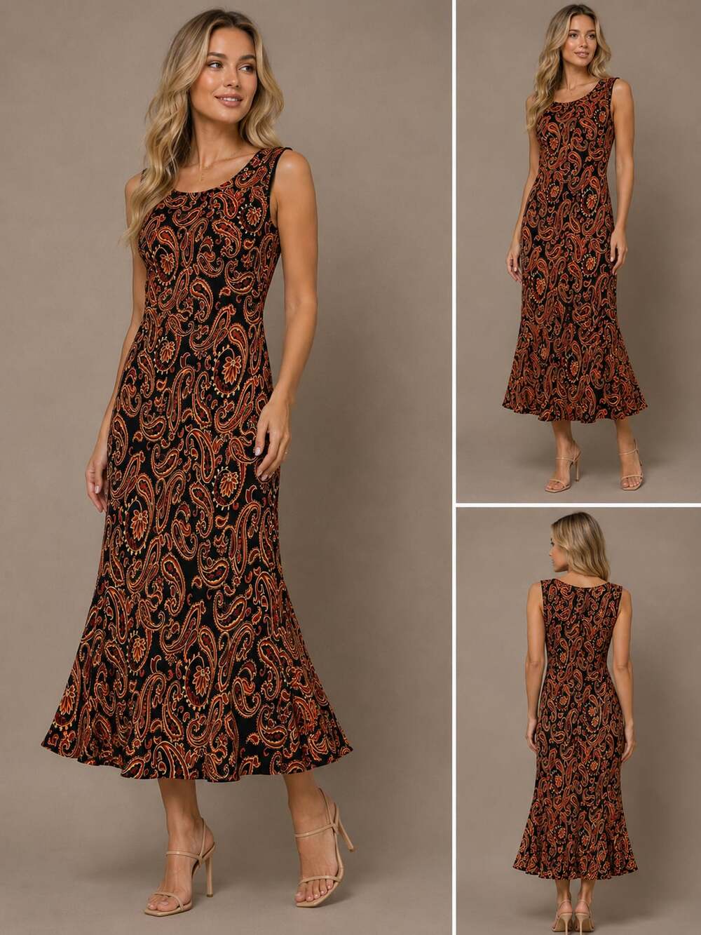 Black and Orange Paisley Print Sleeveless Sequin Embellished Midi Dress
M-84